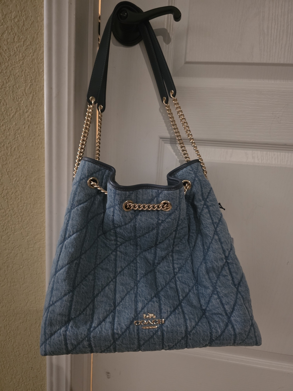 Coach Quilted Denim Drawstring Shoulder Bag in Blue
